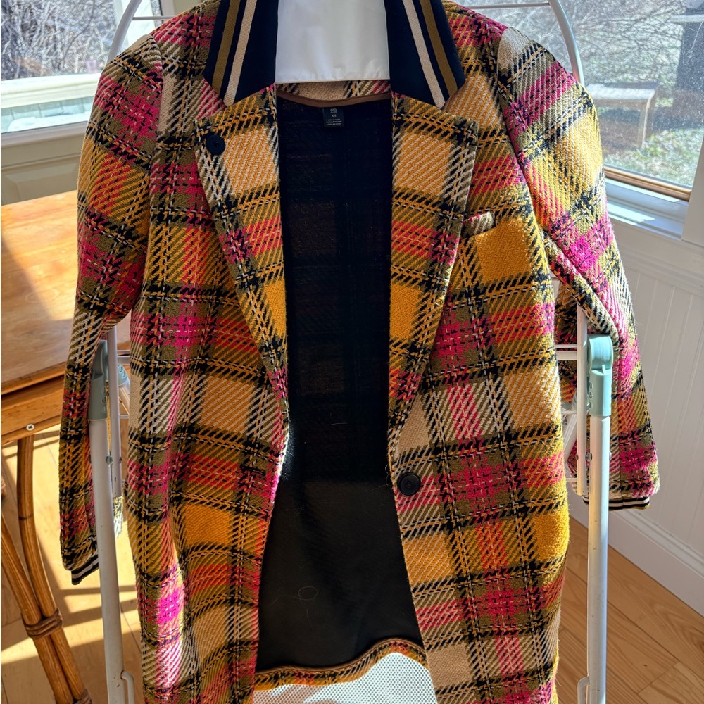 Scotch & Soda Mustard, Pink & Black Plaid Pea Coat